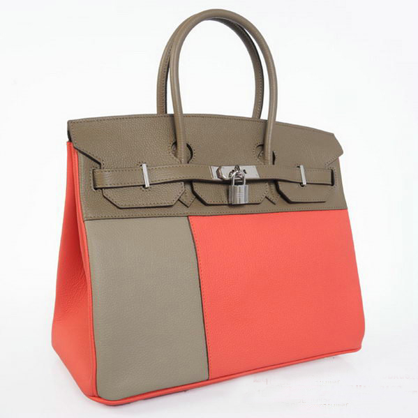 H6089 Hermes Birkin 35CM Red Light & grigio clafskin Leather Tote Ba